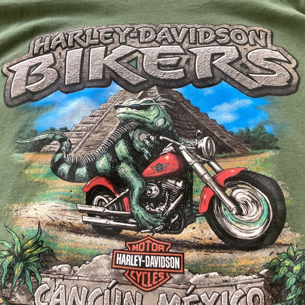 Harley Davidson Men's Green T-shirt Graphic Biker Long Sleeves L Cancun Mexico - Picture 7 of 14